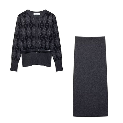 Damen Strickjacke Karomuster Mit Abnehmbarem Gürtel Norvielle
