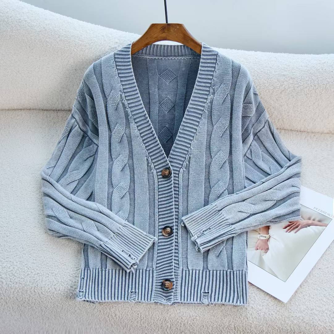 Damen Grobstrick Cardigan V-Ausschnitt Zopfmuster Beige