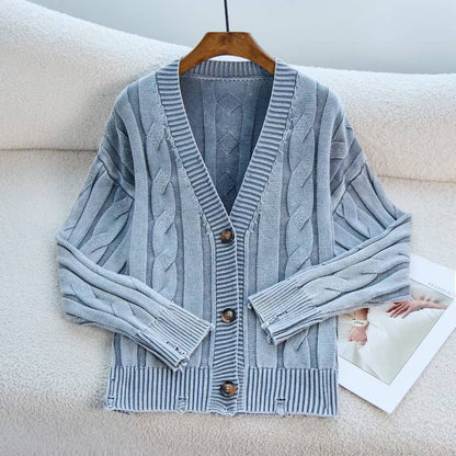 Damen Grobstrick Cardigan V-Ausschnitt Zopfmuster Beige