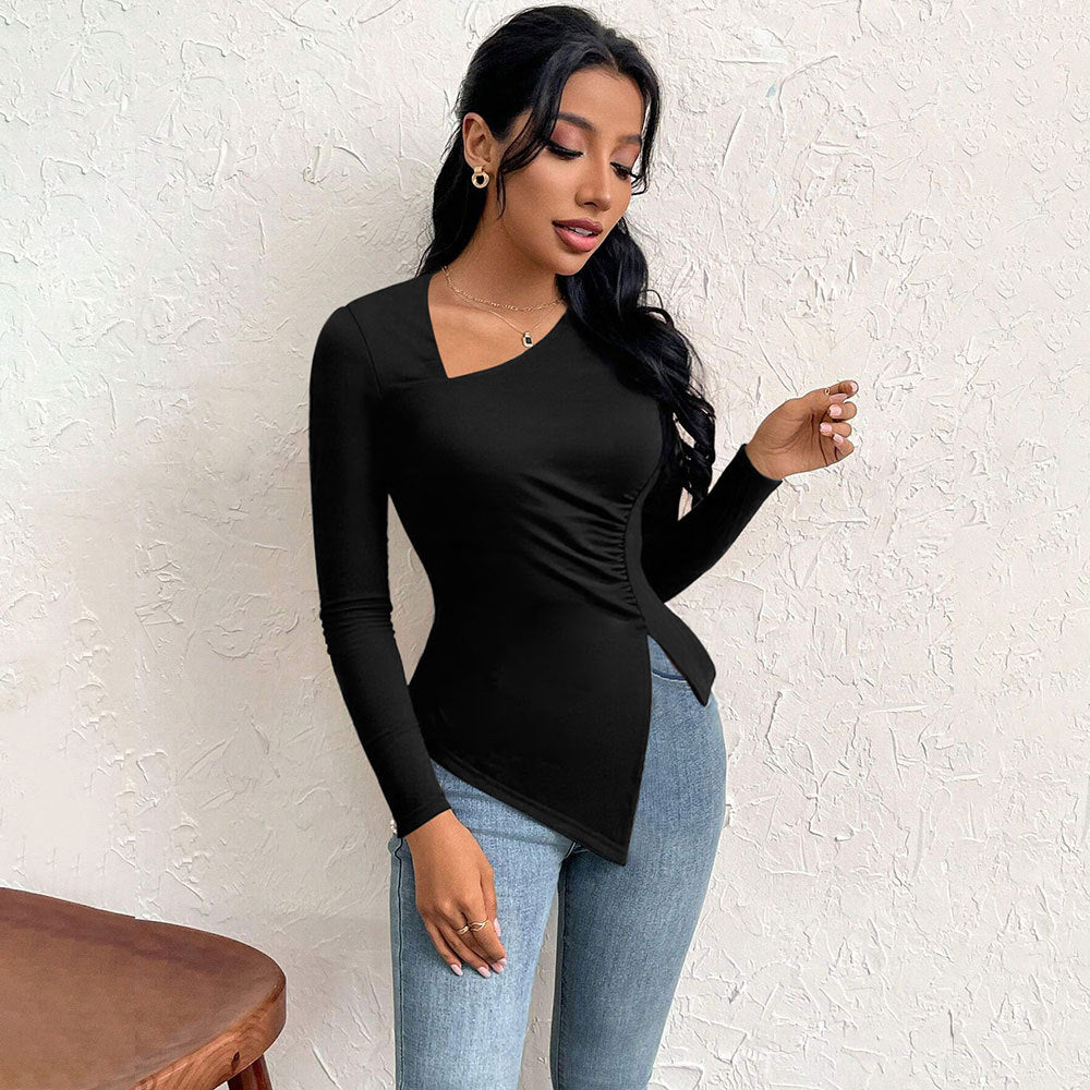Damen Langarmshirt Asymmetrisch Raffung Norvielle
