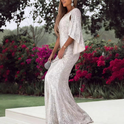 Damen Abendkleid Pailletten V-Ausschnitt Flügelärmel