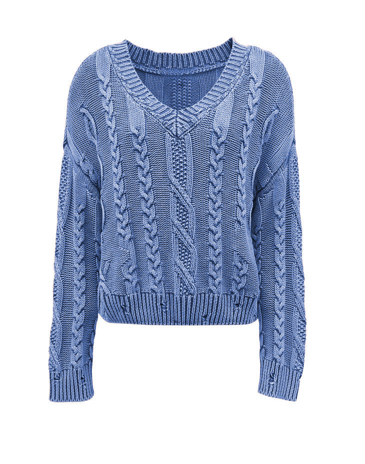 Damen Grobstrickpullover V-Ausschnitt Zopfmuster Norvielle