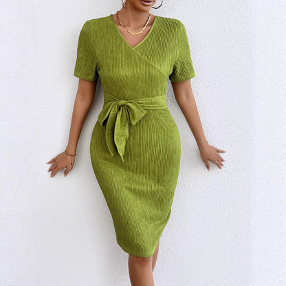 Damen Wickelkleid Gerippter Stoff Taillengürtel