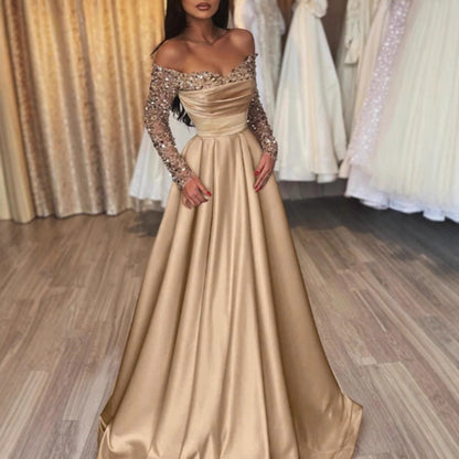 Damen Elegantes Ballkleid Schimmerndes Oberteil Bestickte Ärmel