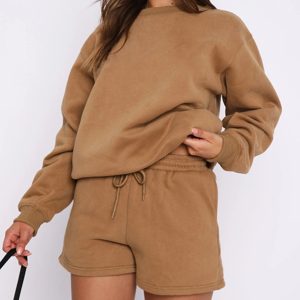 Damen Sweatset Kurzarmoberteil und Shorts Baumwolle Beige