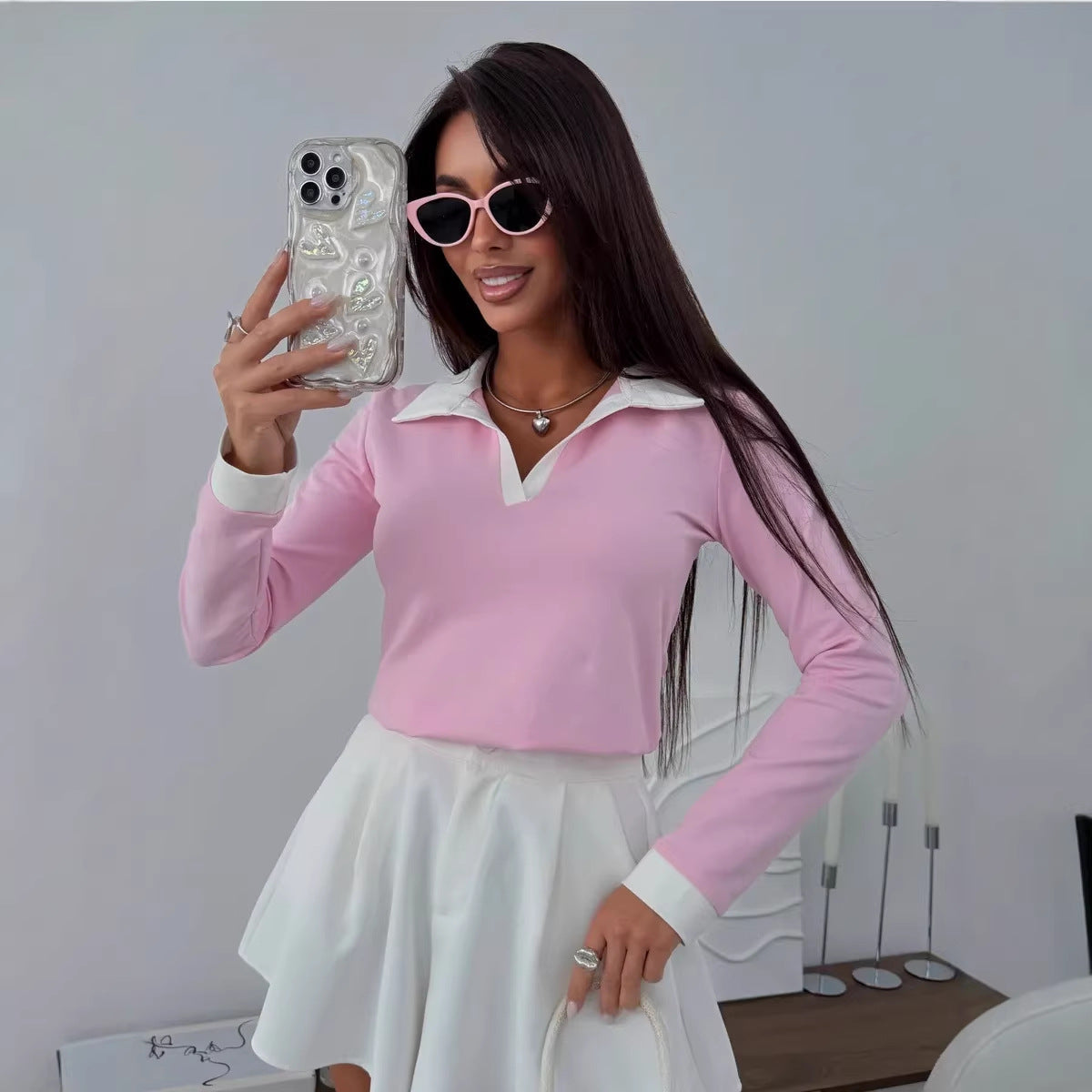 Damen Polo Langarmshirt Kontrastkragen Weiss