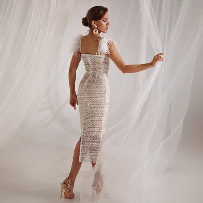 Damen Midikleid Pailletten federverziert Norvielle