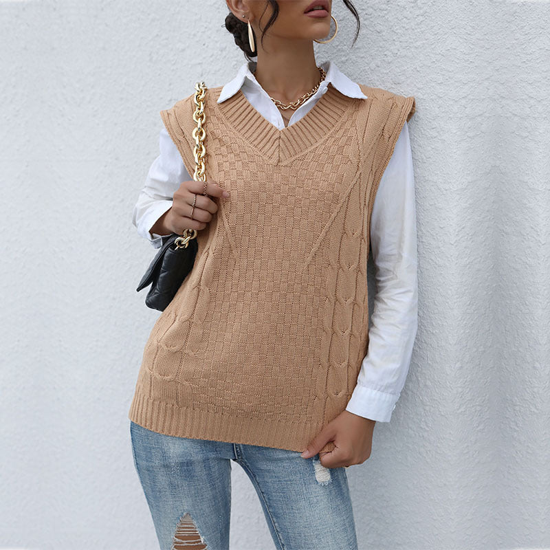 Damen Strickpullover Ohne Ärmel V-Ausschnitt Strukturiert Beige - Norvielle