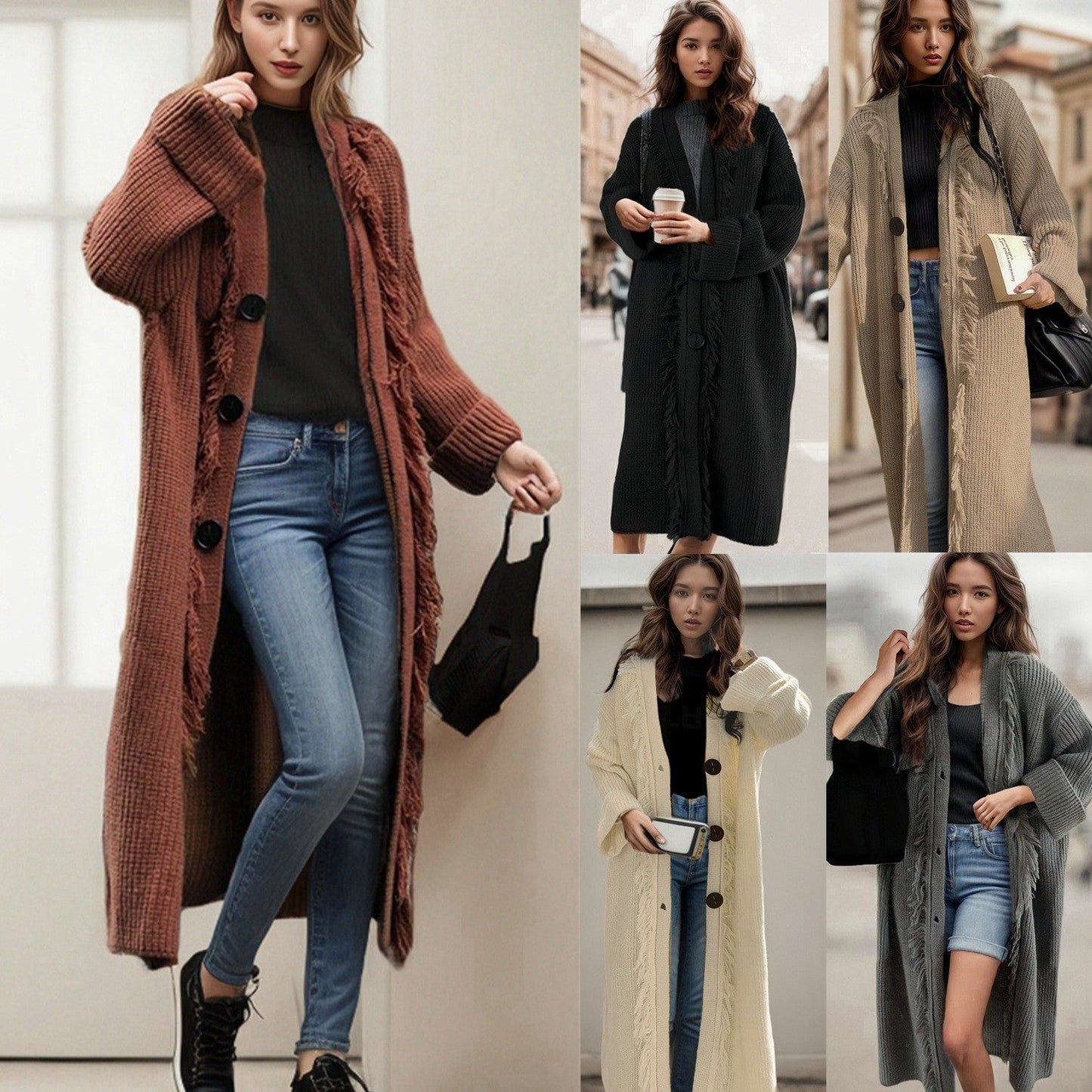 Damen Grobstrick-Cardigan mit Fransen und Knöpfen Norvielle - Norvielle
