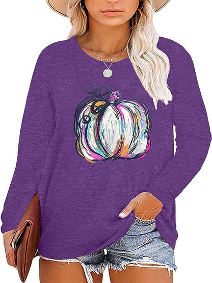 Damen Langarmshirt Kürbis-Motiv Baumwolle Herbstfarben