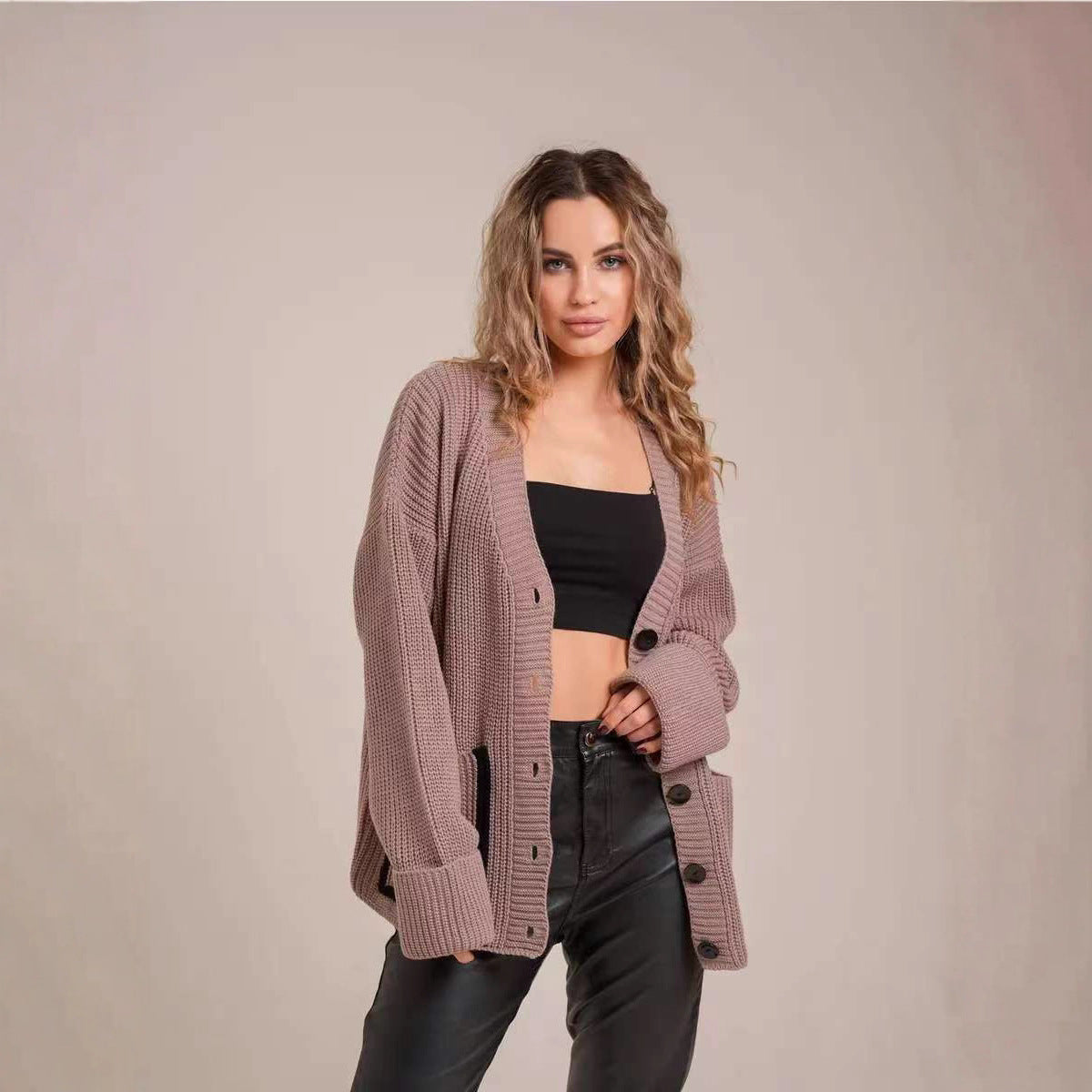 Damen Strickjacke Knöpfe Taschen Beige Norvielle