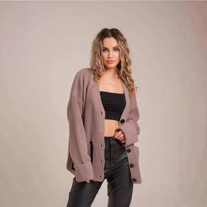 Damen Strickjacke Knöpfe Taschen Beige Norvielle