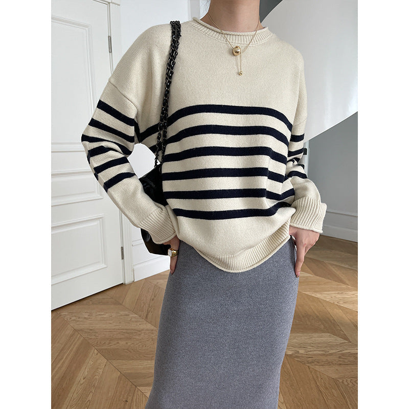 Damen Pullover Gestreift Rundhalsausschnitt Feine Strickstruktur