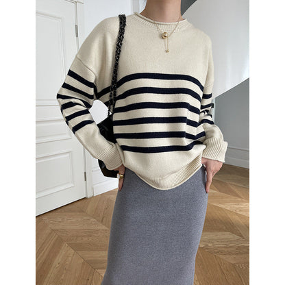 Damen Pullover Gestreift Rundhalsausschnitt Feine Strickstruktur