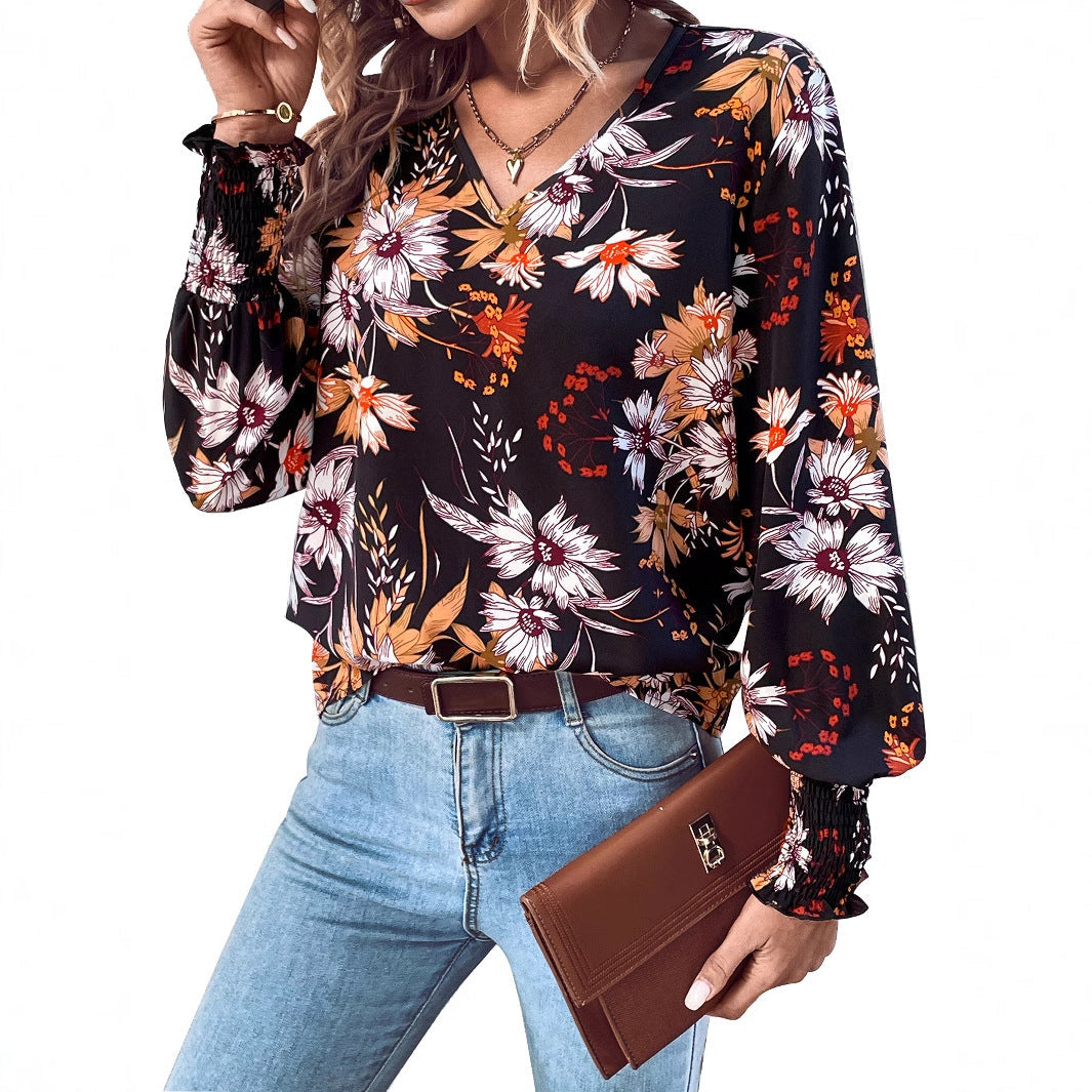 Damen Bluse Floralmuster Elastische Rüschen Norvielle
