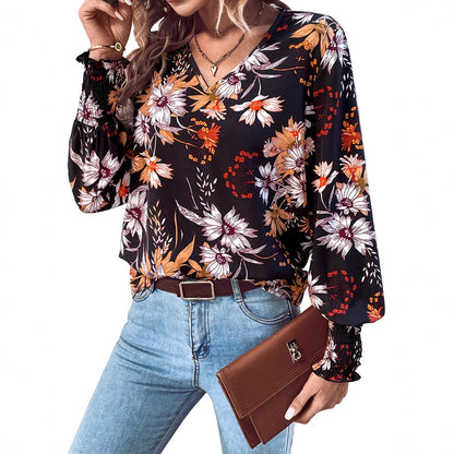 Damen Bluse Floralmuster Elastische Rüschen Norvielle