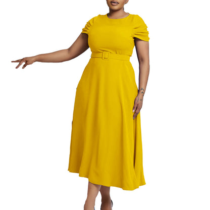 Damen Midi-Kleid Gummizug schmal Gürtel Norvielle