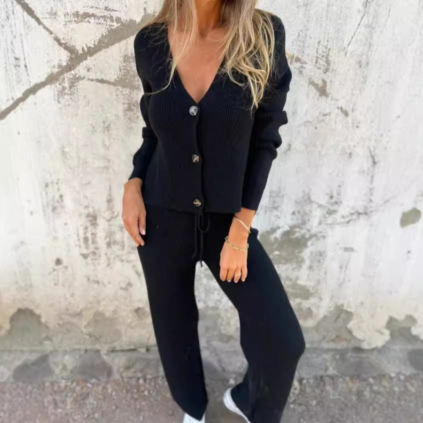 Damen Strickanzug V-Ausschnitt Elegant Knöpfe Norvielle - Norvielle