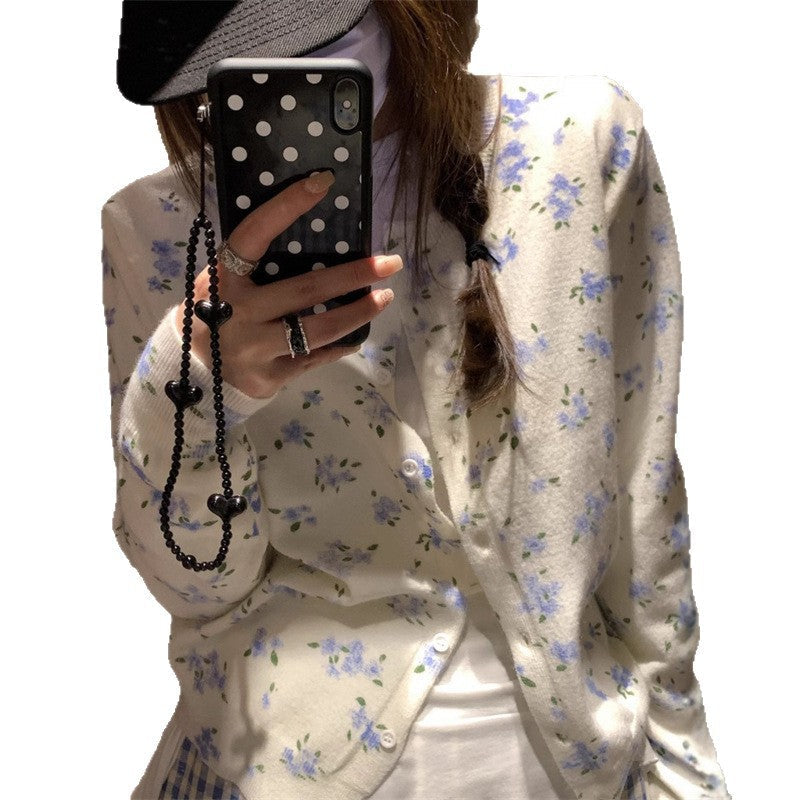 Damen Strickjacke Klassisch Floralmuster Knopfverschluss Beige