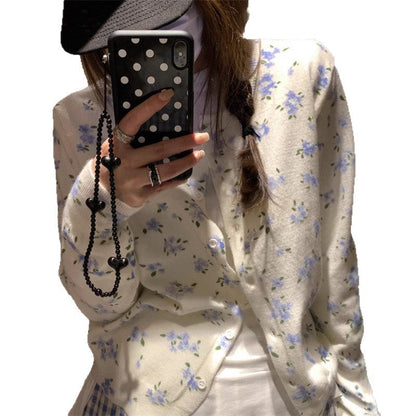 Damen Strickjacke Klassisch Floralmuster Knopfverschluss Beige
