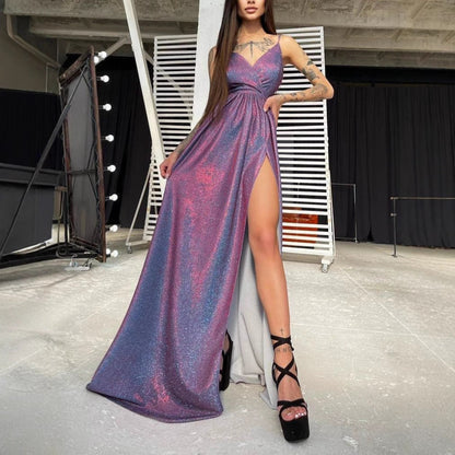 Damen Maxikleid Glitzer Effektdesign Tiefes Dekolleté Schwarz - Norvielle