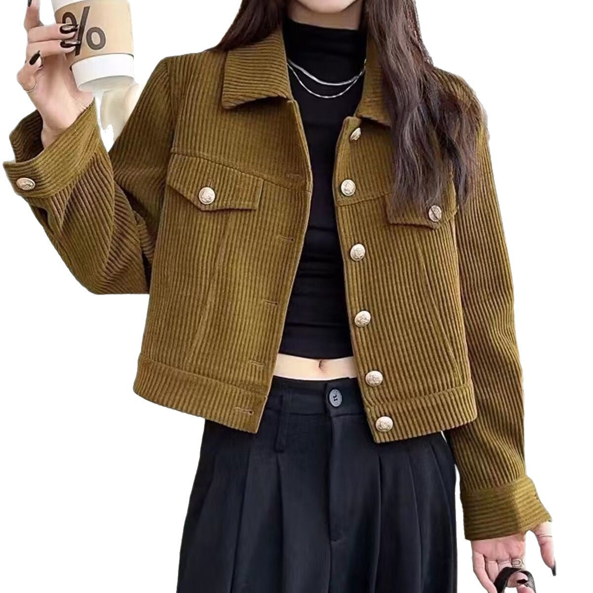Damen Kordjacke Dekorative Knöpfe Norvielle