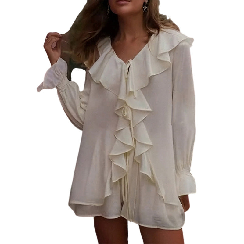Damen Bluse mit Rüschendetails und Bindebändern Elegantes Oberteil