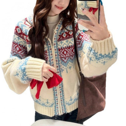 Damen Strickjacke Nordisches Muster V-Ausschnitt Norvielle