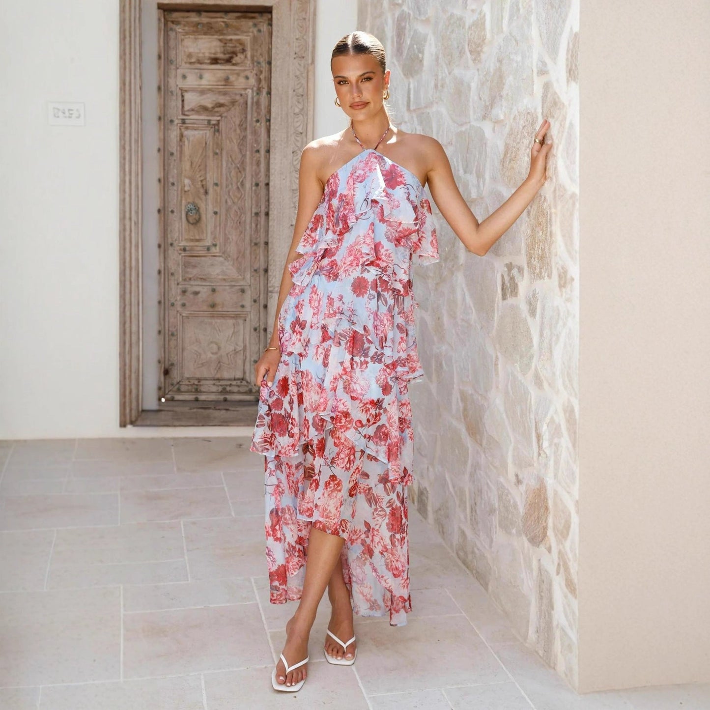 Damen Maxikleid mit Überwurf und Rüschen Norvielle