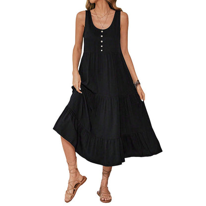 Damen Maxikleid mit Volant und Knöpfen