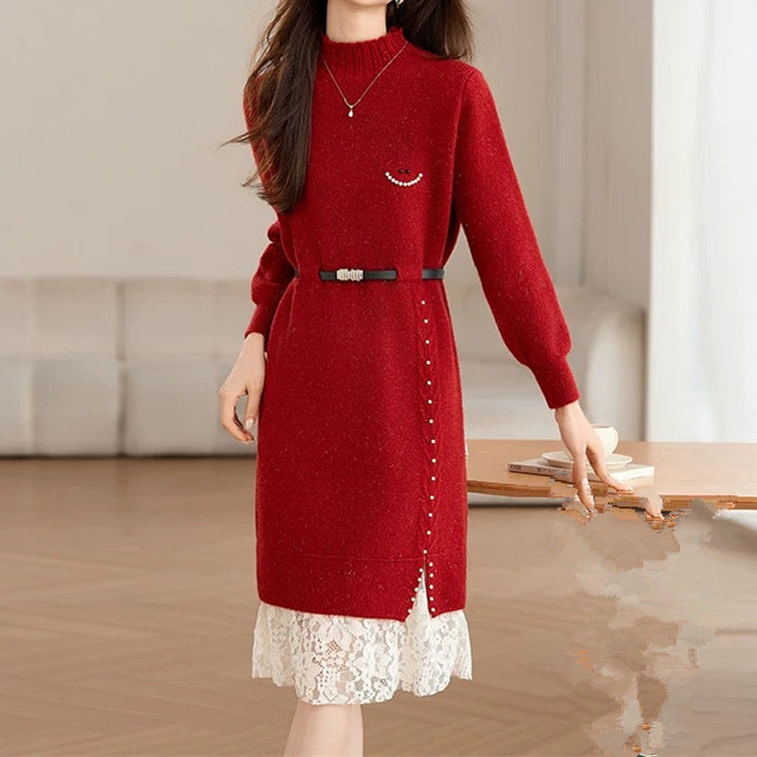 Damen Strickkleid mit Spitzendetail und Taillengürtel