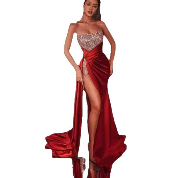 Damen Maxikleid mit Glitzeroberteil und hohem Beinschlitz