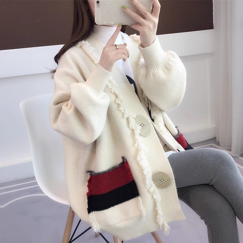 Damen Strickjacke Lässig mit Fransen Details Beige