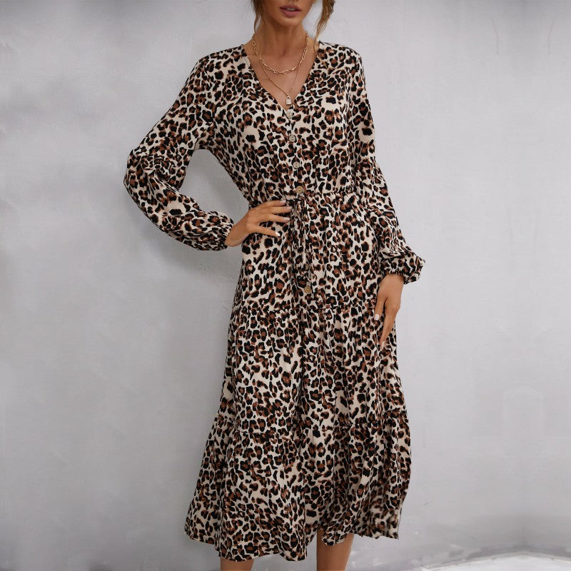 Damen Maxikleid Leopardenmuster Taillengürtel Schwarz - Norvielle