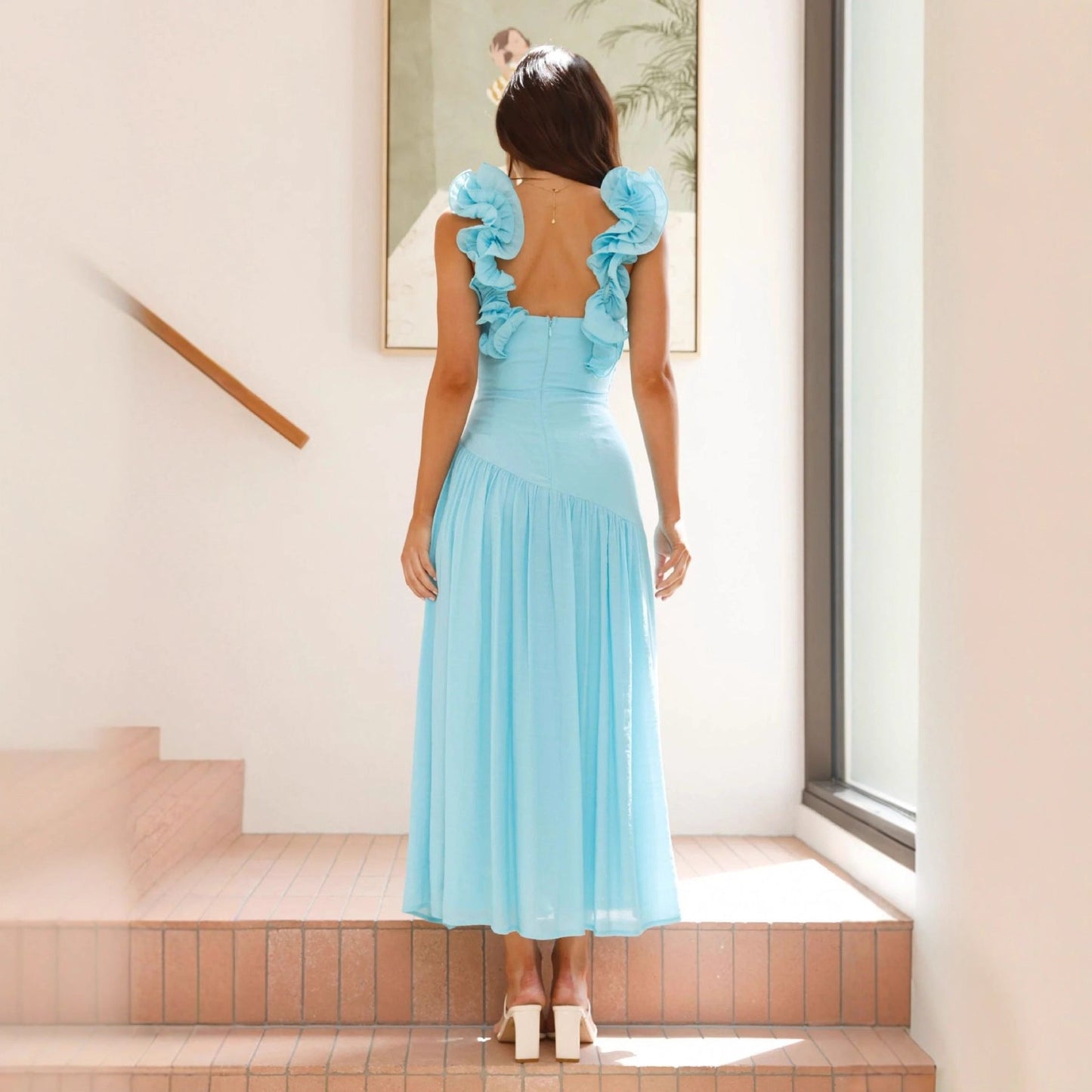Damen Maxikleid V-Ausschnitt Rüschen Norvielle
