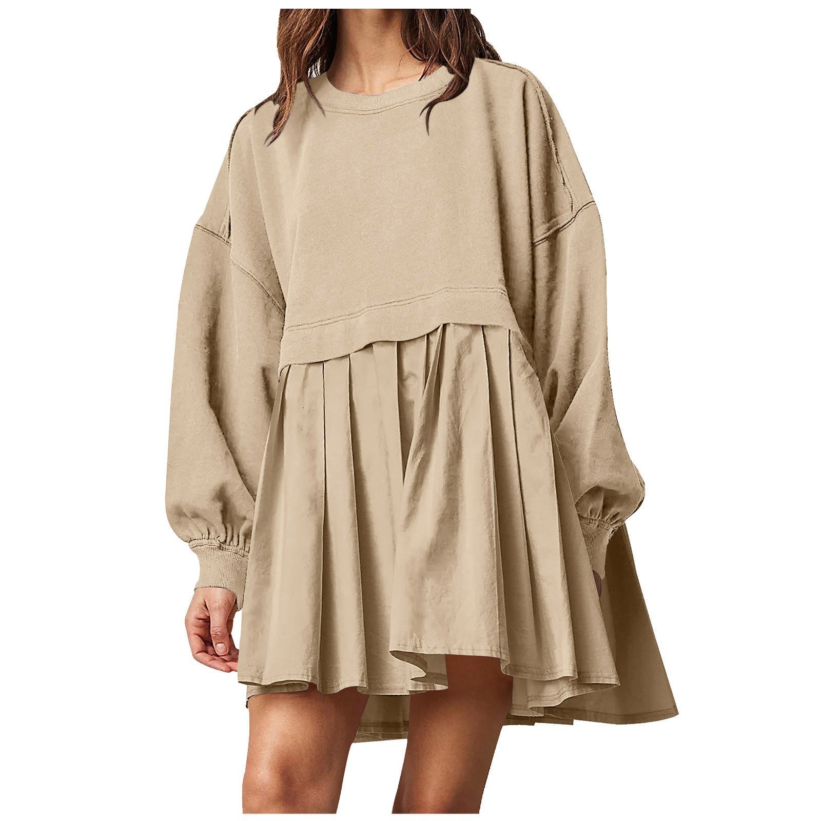 Damen Oversized Sweatshirt Kleid Plissee-Rock Rundhals Schwarz - Norvielle