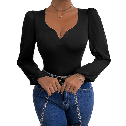 Damen Body mit Puffärmeln und V-Ausschnitt