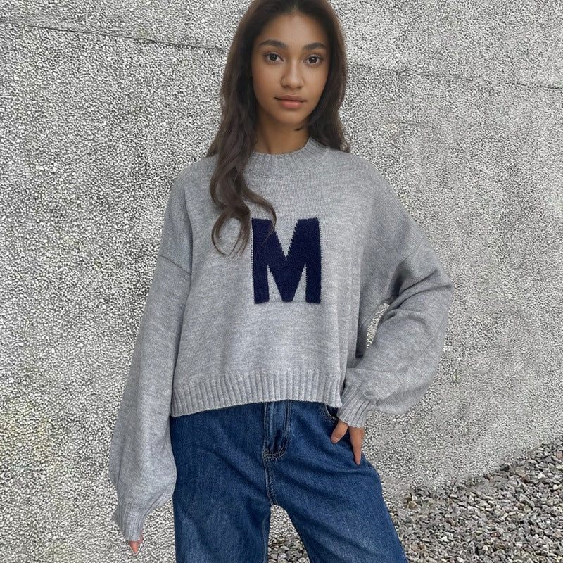 Damen Oversized Strickpullover mit Frontmotiv Norvielle
