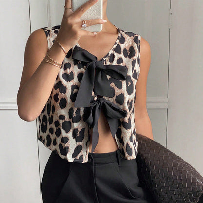 Damen Bluse Leopardenmuster Schleifen-Detail Norvielle