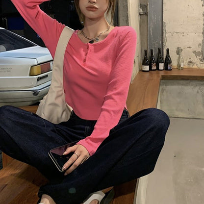 Damen Langarmshirt Rippdesign Knopfleiste Weiß