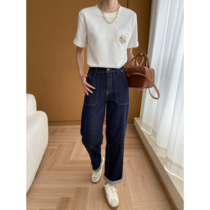 Damen High-Waist Jeans Lässiger Schnitt Mit Taschen Norvielle