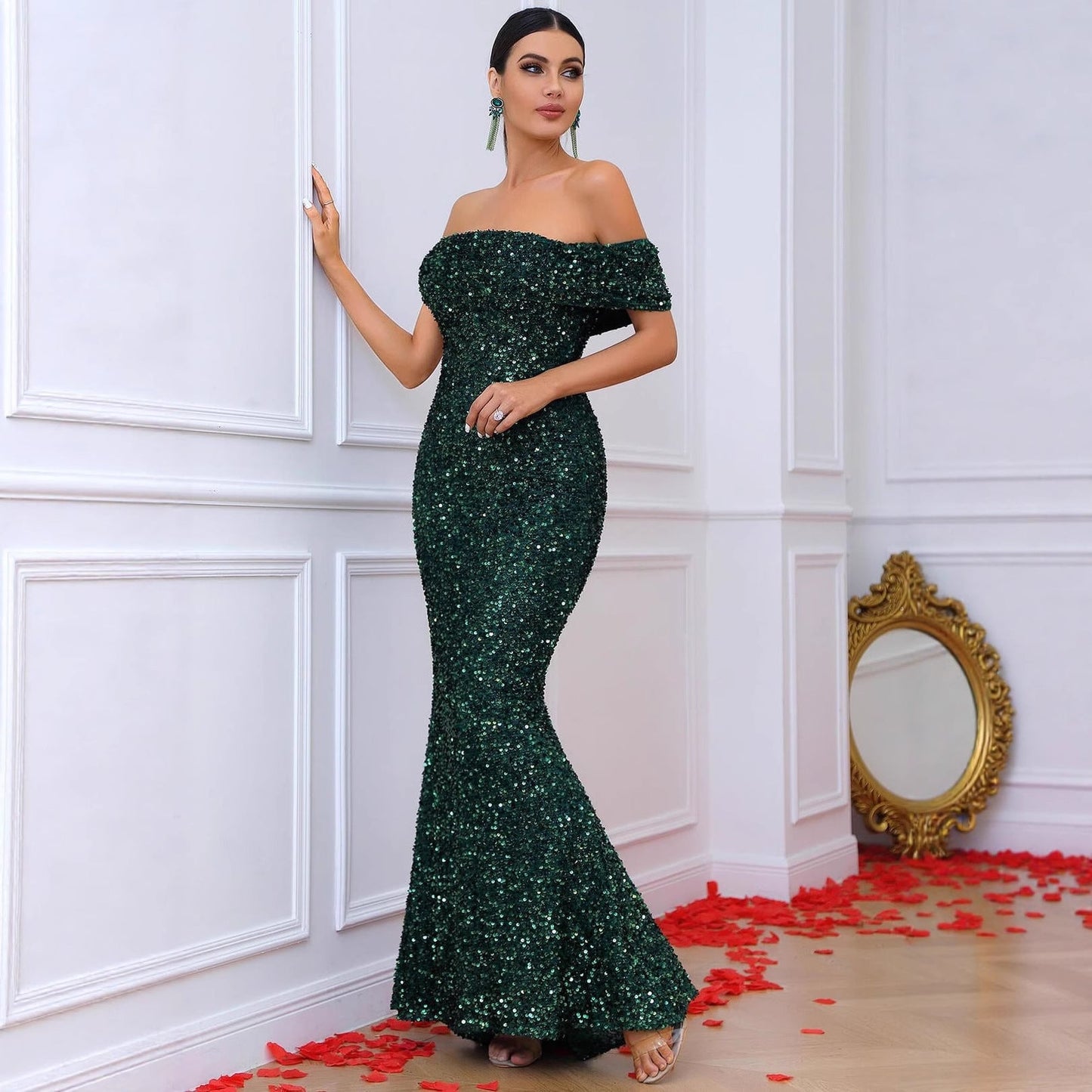 Damen Abendkleid Schulterfrei Pailletten Norvielle