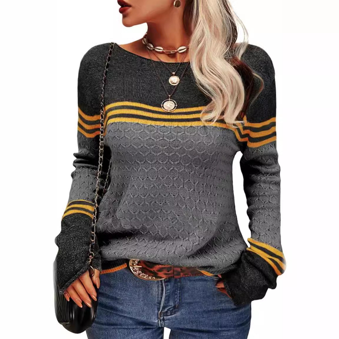 Damen Strickpullover Kontrastfarben Einzigartige Textur Norvielle