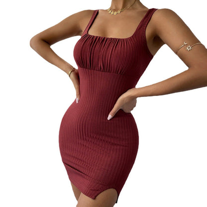 Damen Rippkleid Figurbetont Quadratischer Ausschnitt Hochschlitz