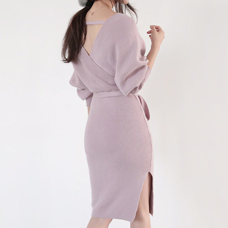 Damen Strickkleid Wickeloptik Länge Mit langen Ärmeln Norvielle