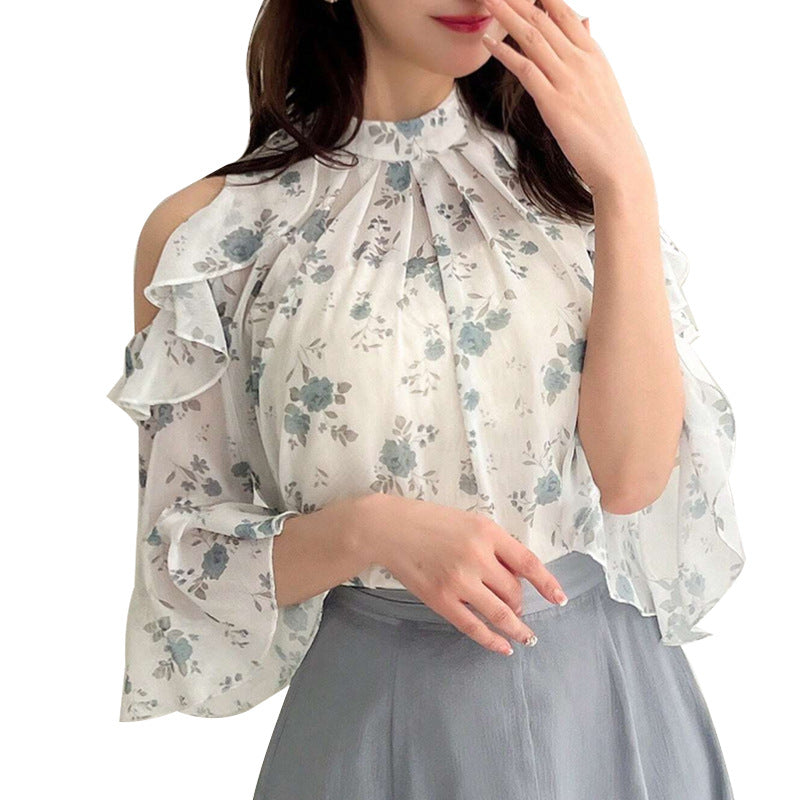 Damen Bluse Floraler Druck Transparenter Volant
