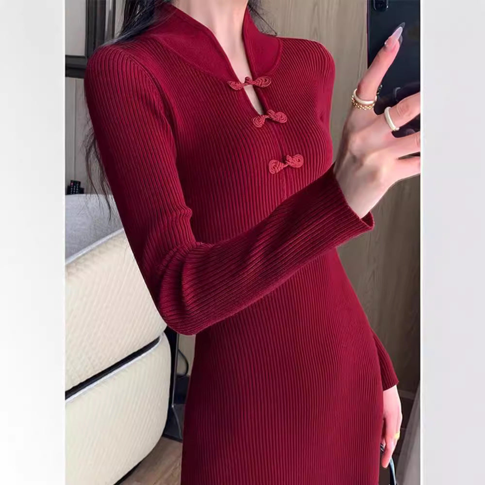 Damen Strickkleid Hochkragen Dekorative Knöpfe Norvielle
