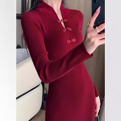 Damen Strickkleid Langärmlig Mit Knöpfen Norvielle