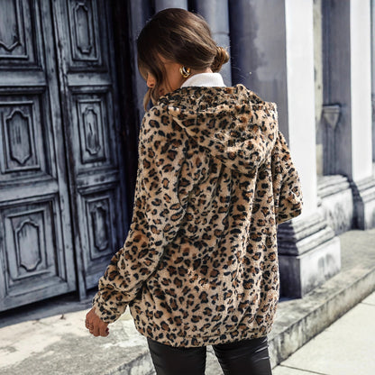 Damen Fleecejacke Leopardenmuster Reißverschluss