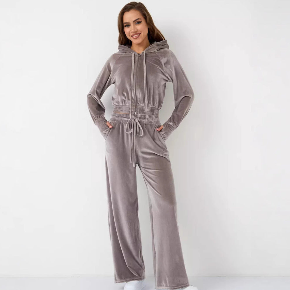 Damen Velours Jogginganzug Cropped Kapuze Weite Passform Schwarz - Norvielle